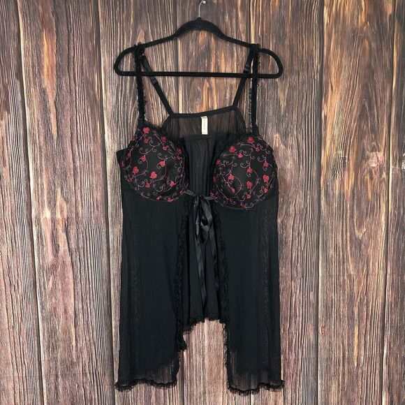 Cacique Lingerie Womens 26/28 Black Sheer Mesh Heart Embroidery Babydoll Nightie - Picture 1 of 6